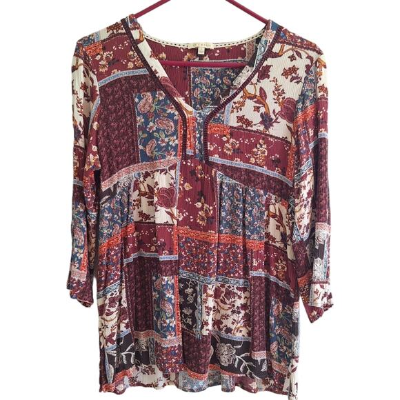 Bohemian Patchwork Burgundy Floral 3/4 Sleeve Flowy V Neck Blouse S - Picture 1 of 9